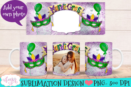 Mardi Gras photo mug wrap PNG for sublimation 11oz and 15oz