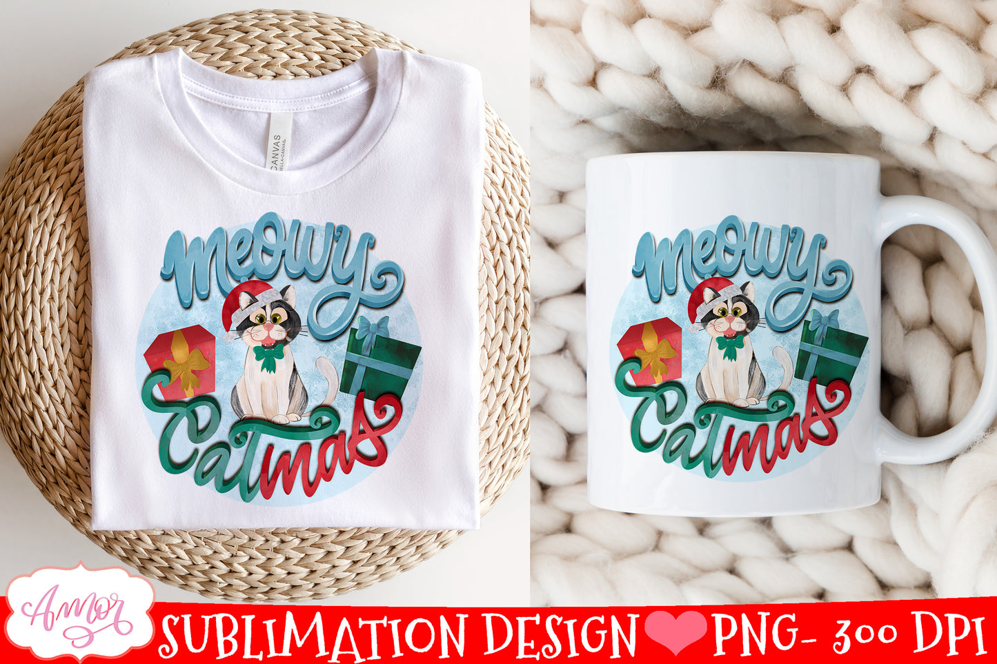 Meowy Catmas Design for sublimation | Cute Christmas cat PNG