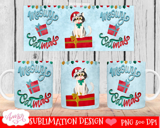 Meowy Catmas mug wrap for sublimation  Cat lover mug PNG