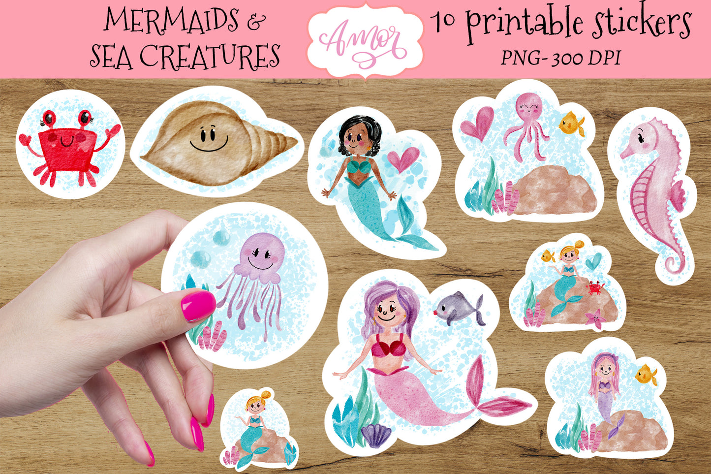 Mermaids and Sea Creatures Stickers for print then cut