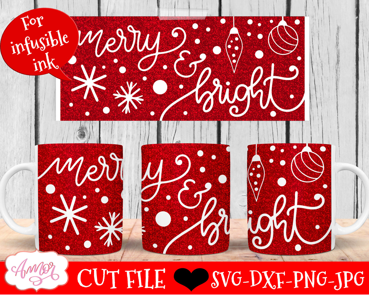 Merry and Bright Mug Wrap SVG for Cricut infusible ink 12oz