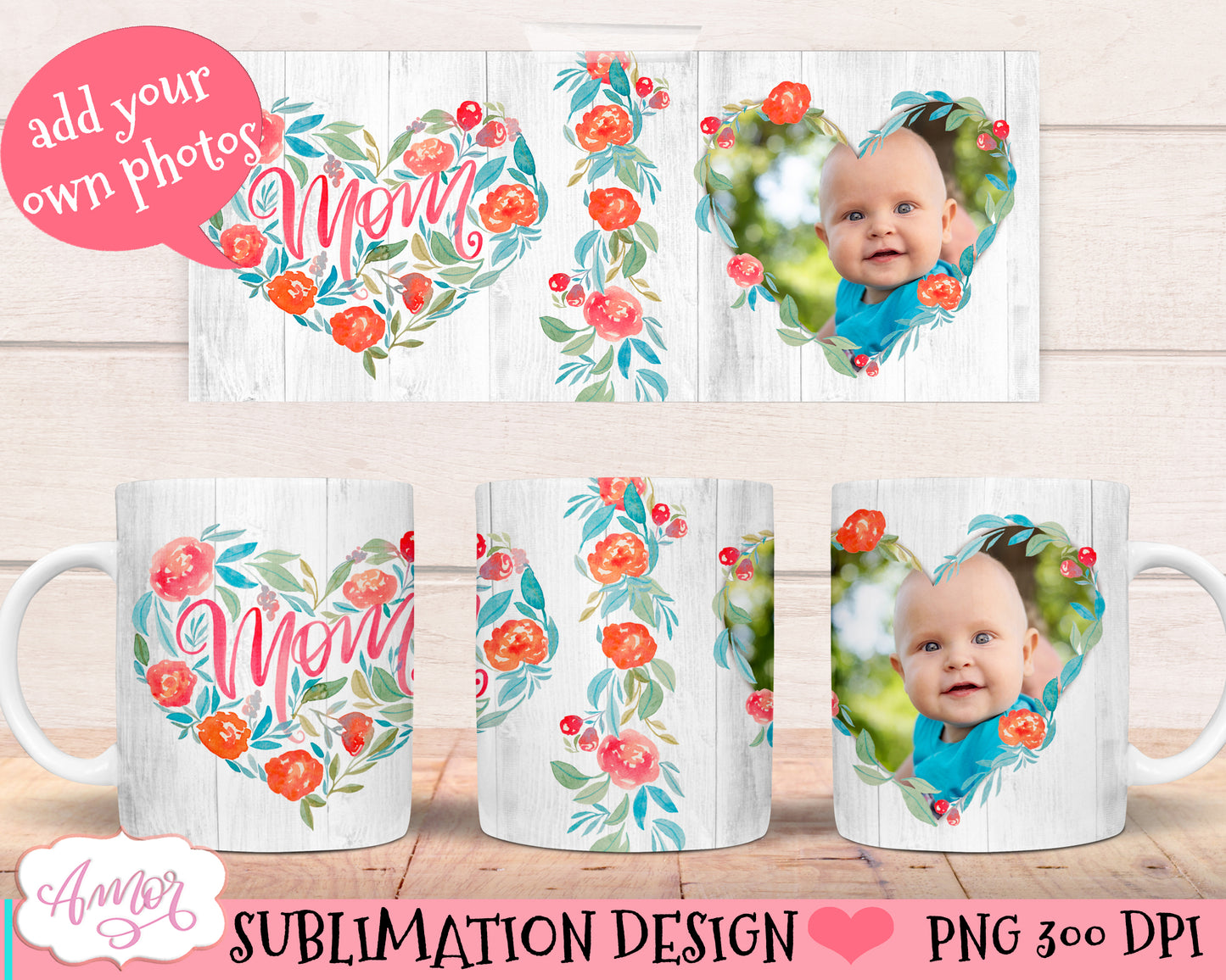 Mother's day photo mug wrap template for sublimation