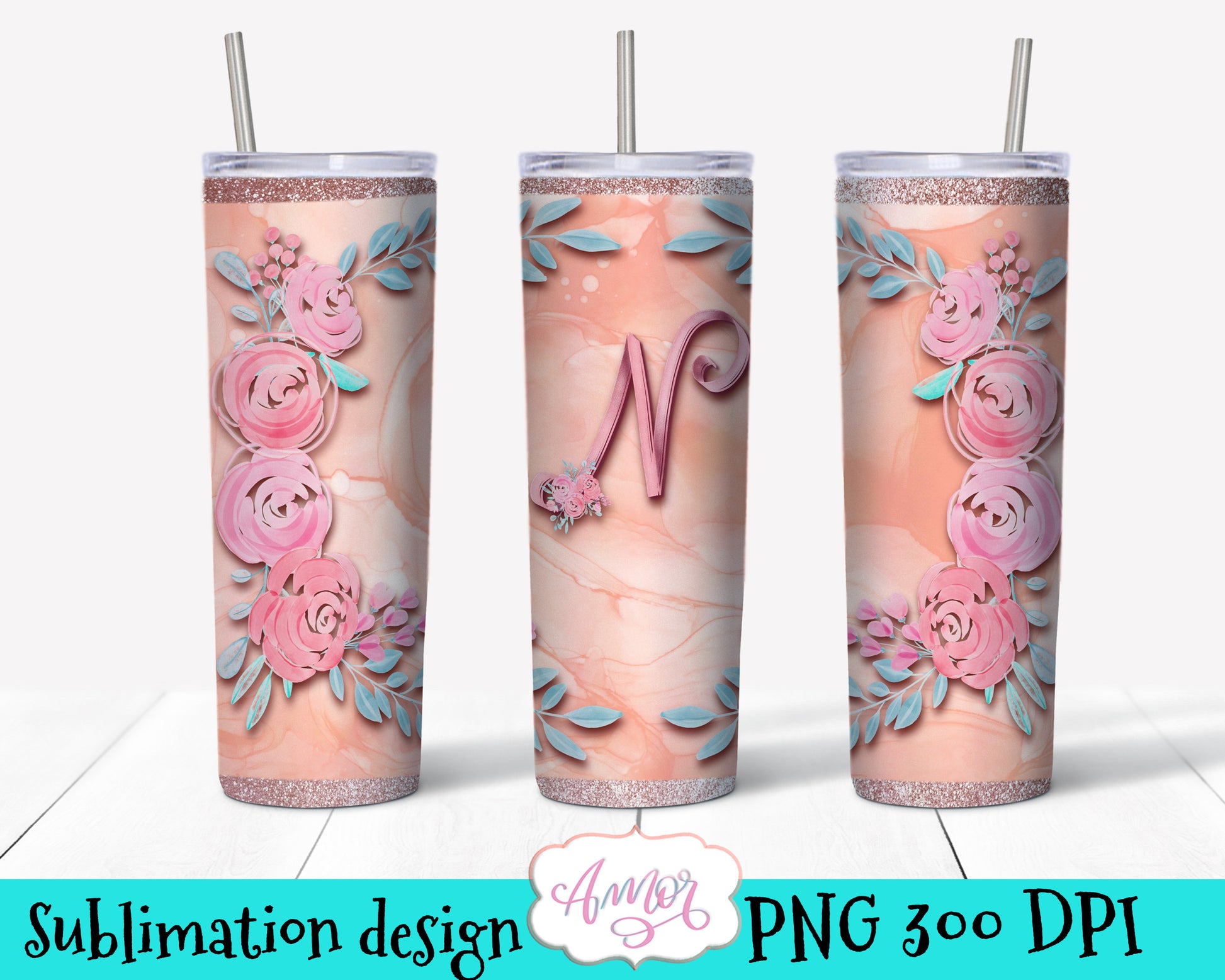 Letter N Monogram tumbler wrap PNG design for sublimation