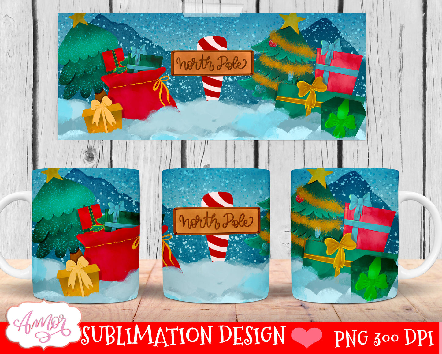 North pole mug wrap for sublimation  Christmas 11oz 15oz