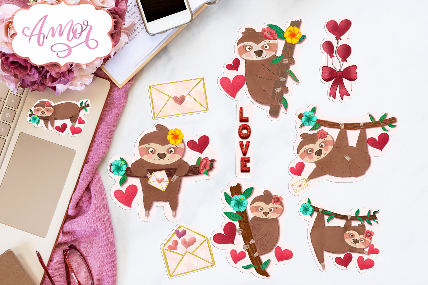Valentine Cute Sloths Stickers for Print & Cut