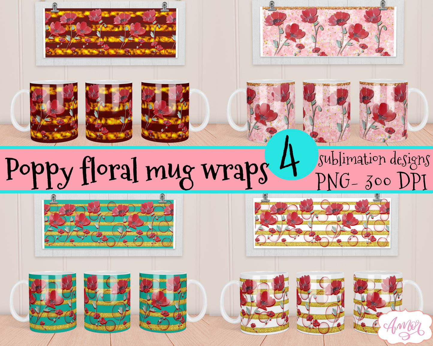 Poppy Flowers Mug Wraps for sublimation bundle