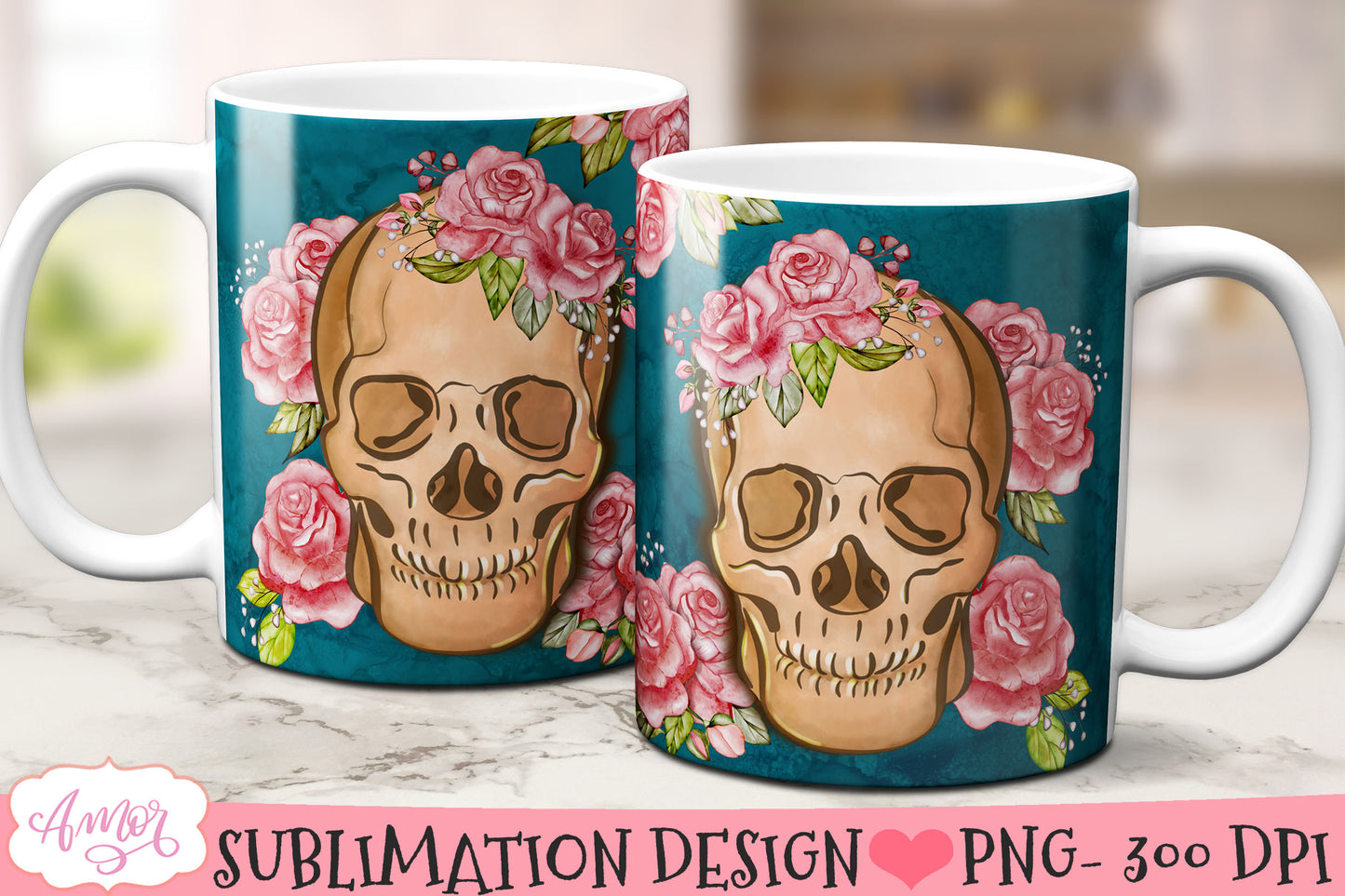 Floral skull mug wrap PNG for sublimation design 11oz 15oz