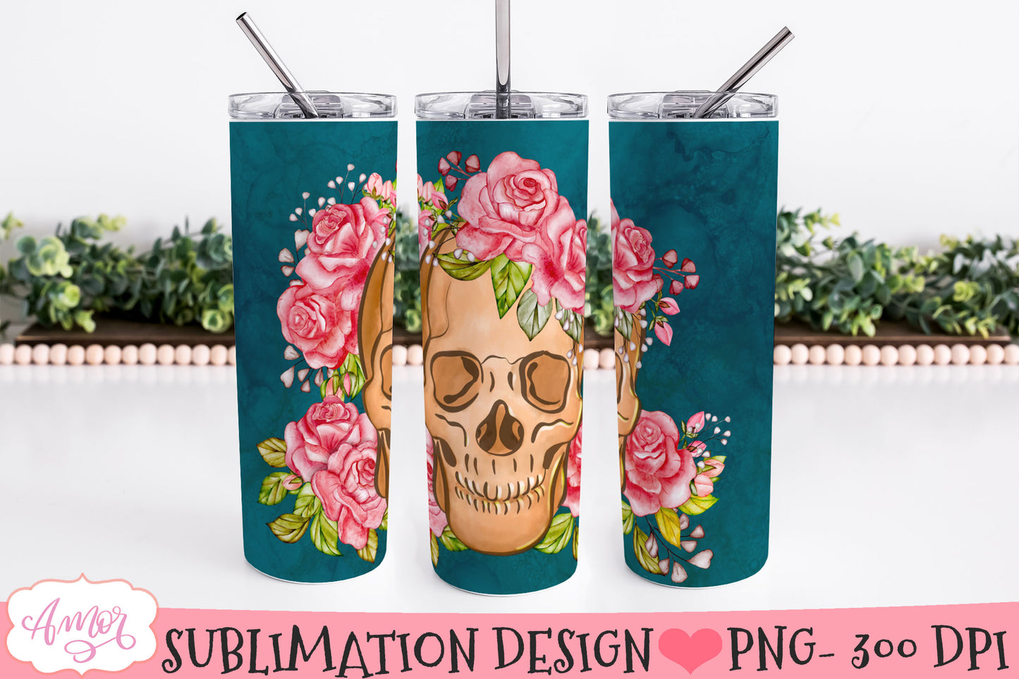 Floral Skull Tumbler wrap PNG for Sublimation for 20oz