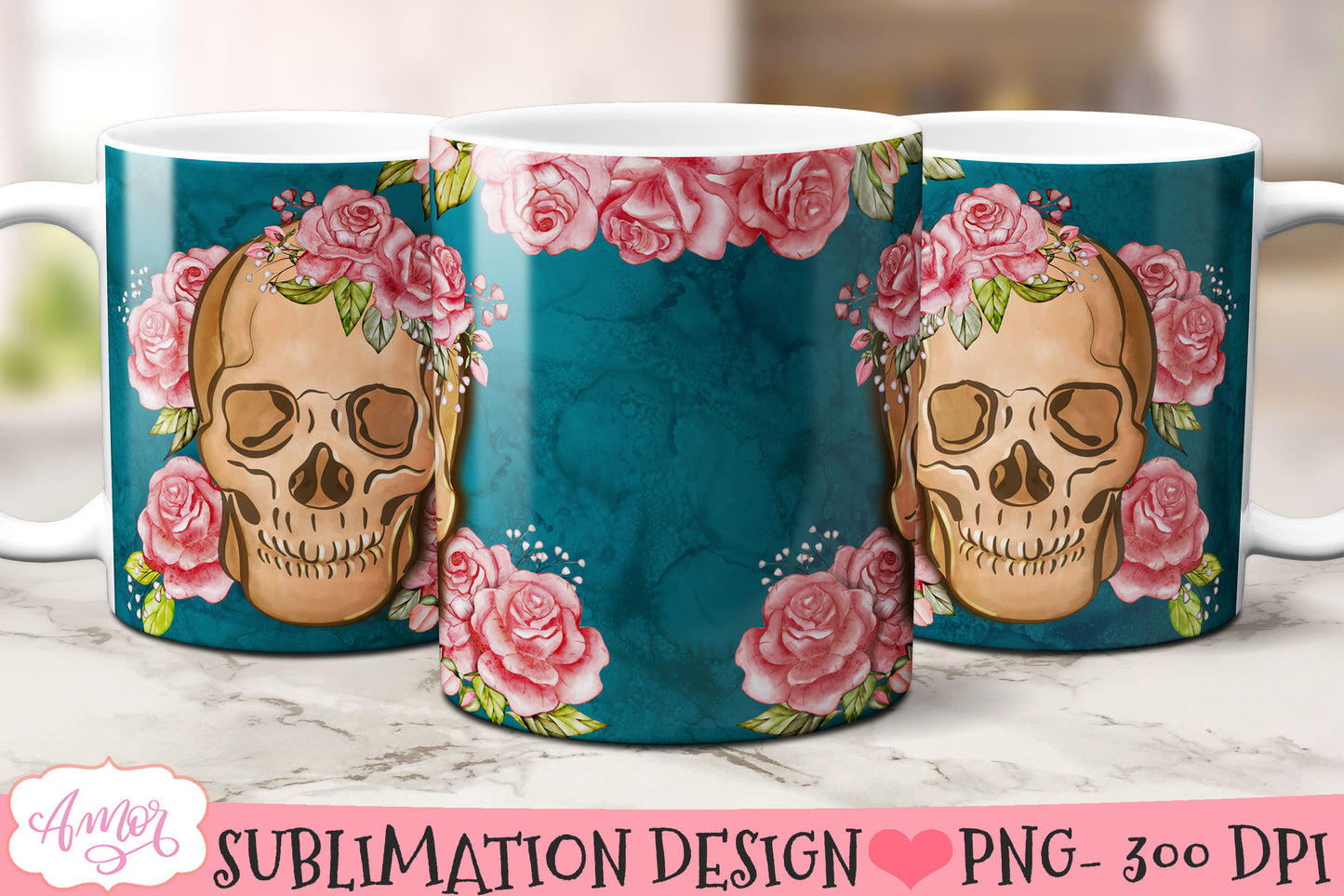 Floral skull mug wrap PNG for sublimation design 11oz 15oz