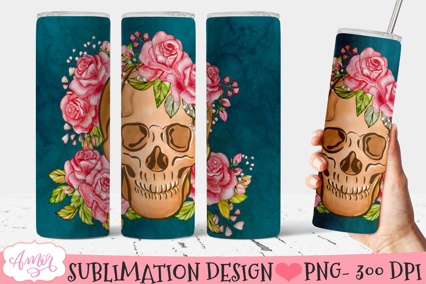 Floral Skull Tumbler wrap PNG for Sublimation for 20oz