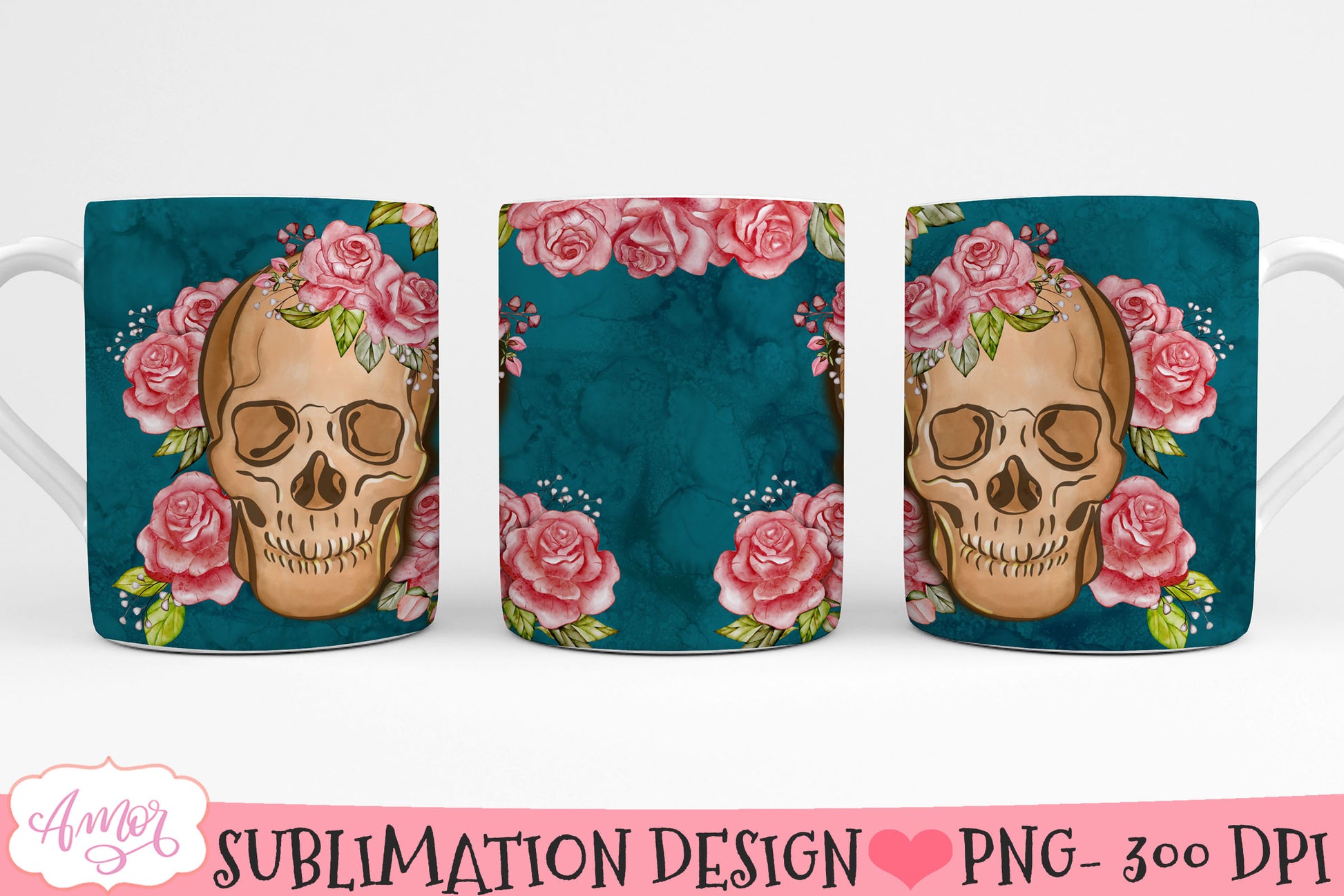 Floral skull mug wrap PNG for sublimation design 11oz 15oz