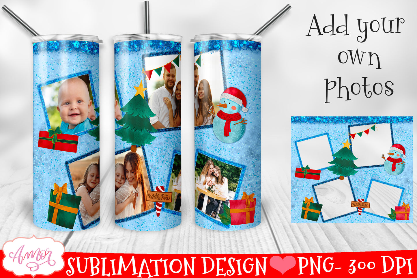 Add your own photos Christmas tumbler wrap PNG