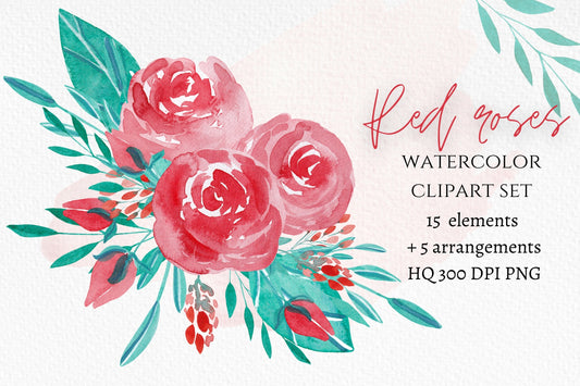 Red Watercolor Roses floral clipart