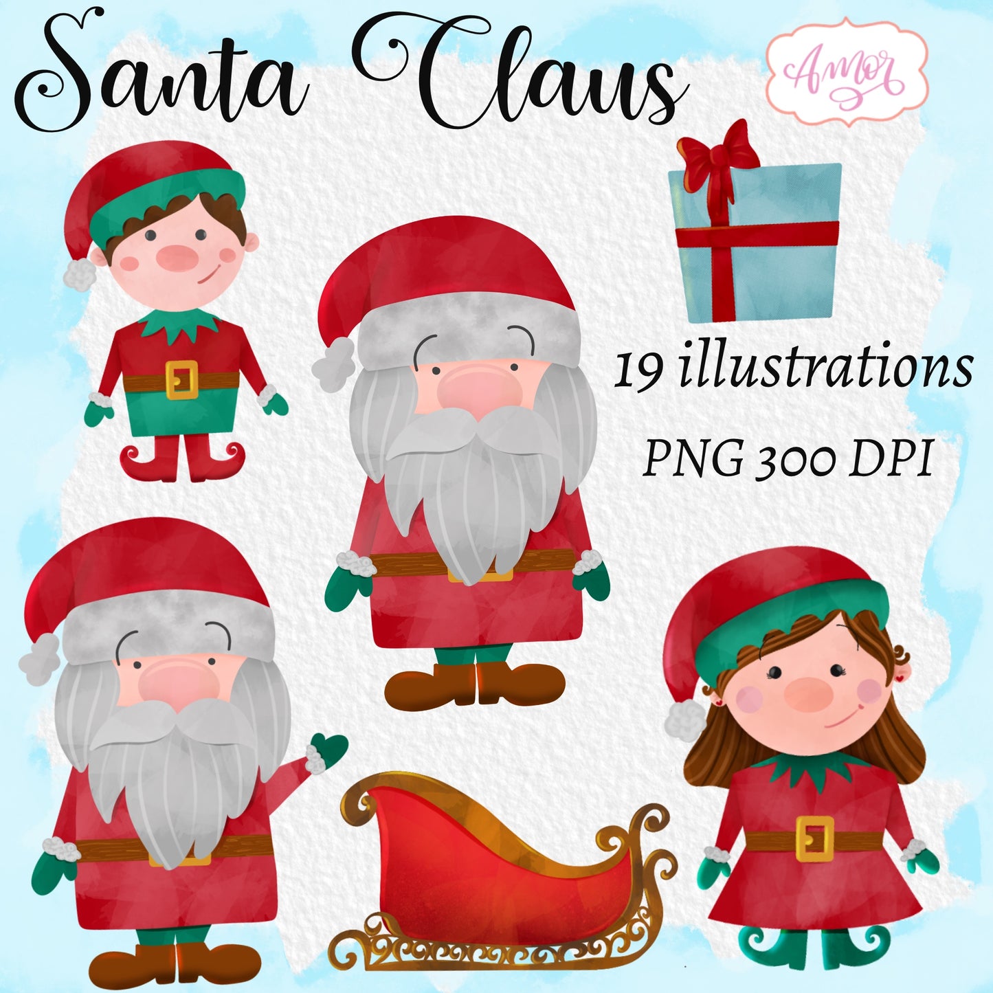 Santa Claus clipart with elves, gifts and a sleigh