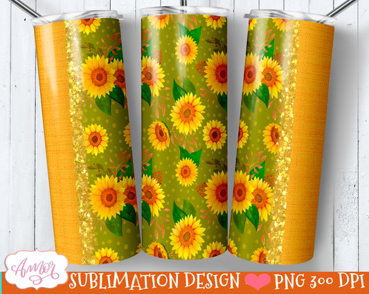 Seamless 20 oz tumbler PNG sublimation design with sunflowers
