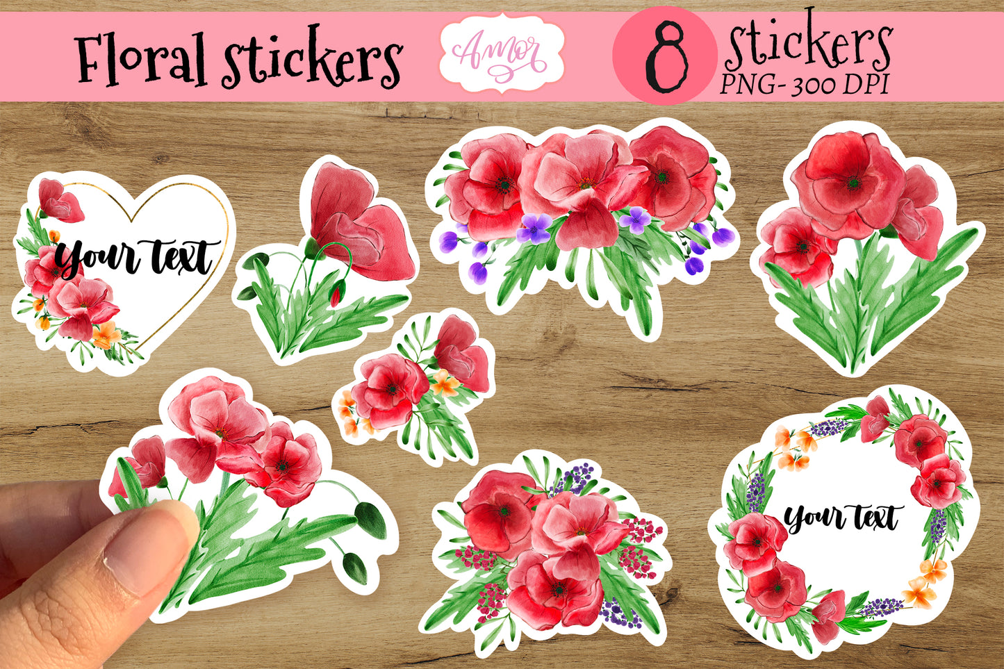 Set of 10 Red Rose Flower Stickers for Cricut Print and Cut