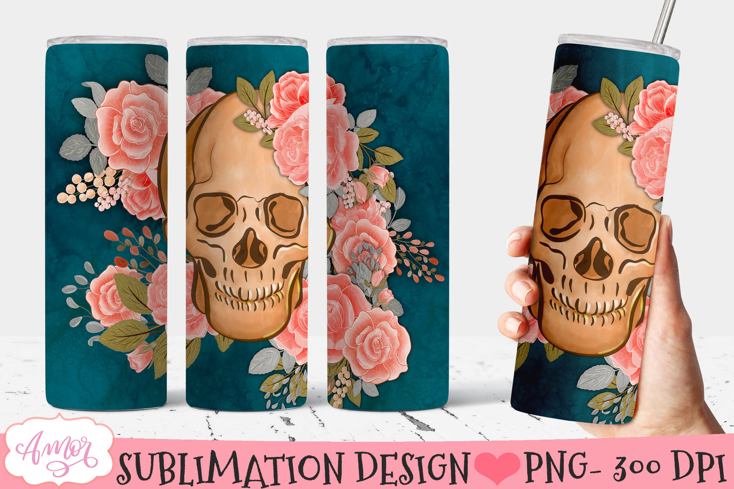 Skull and flowers Tumbler wrap PNG for Sublimation