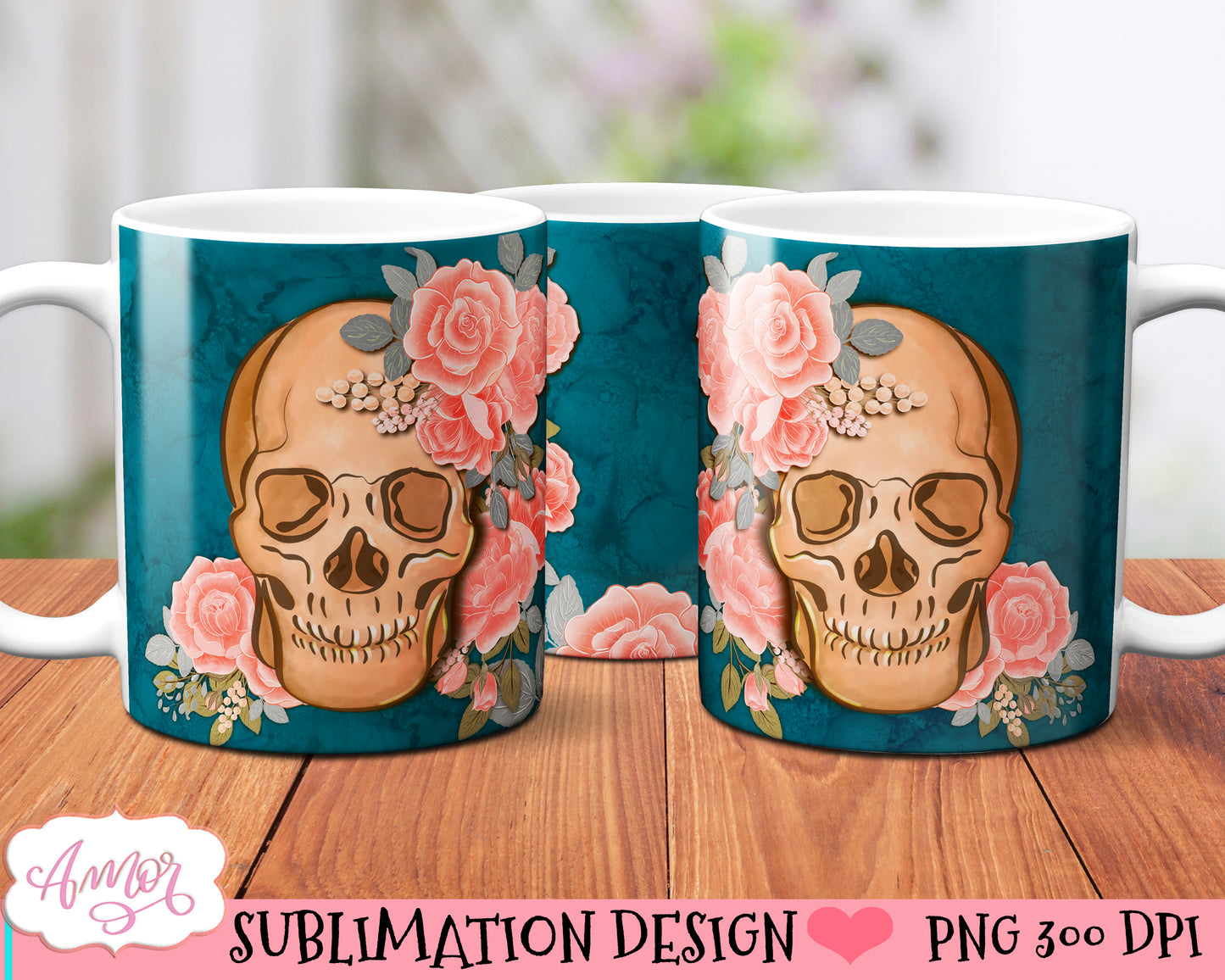 Skull and flowers mug wrap PNG for sublimation 11oz 15oz