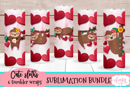 Sloths Valentines Skinny Tumbler Wrap for Sublimation Bundle