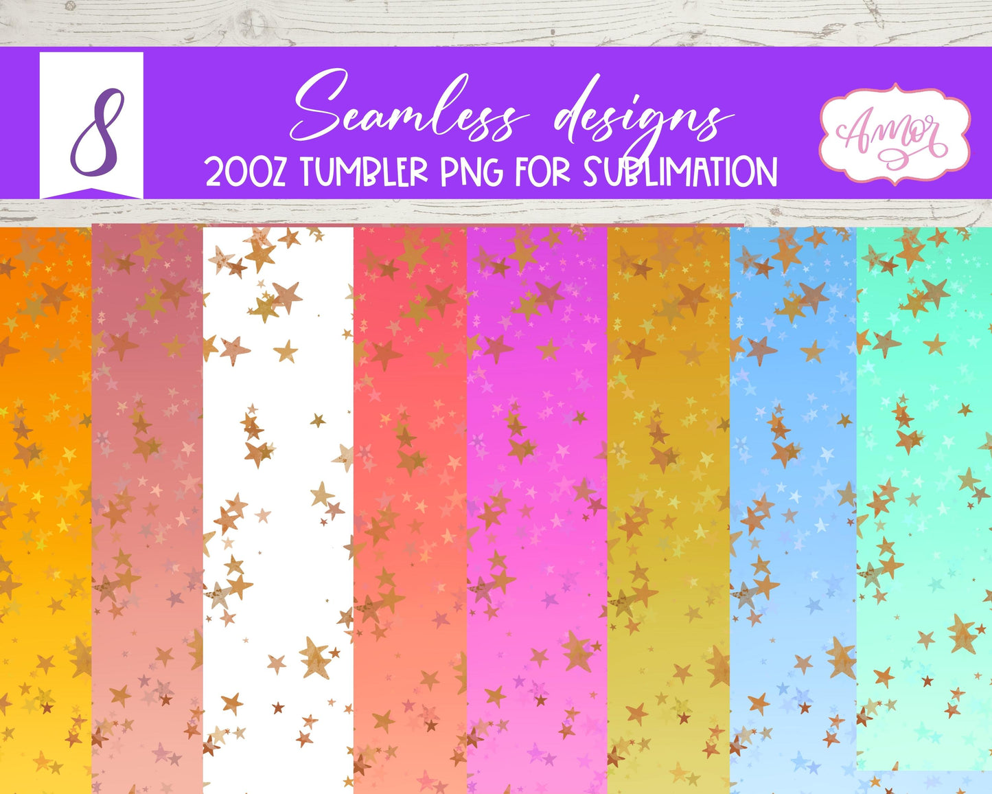 Stars Seamless Tumbler Wraps for Sublimation BUNDLE 8 PNG