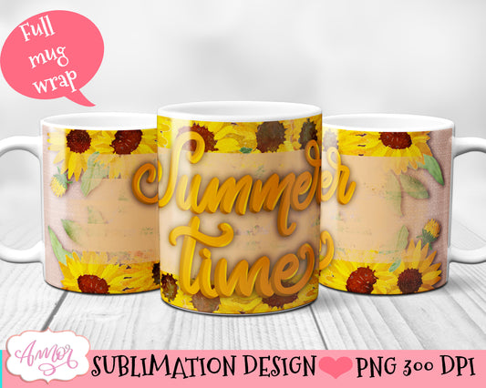 Summer time mug wrap PNG sublimation with sunflowers