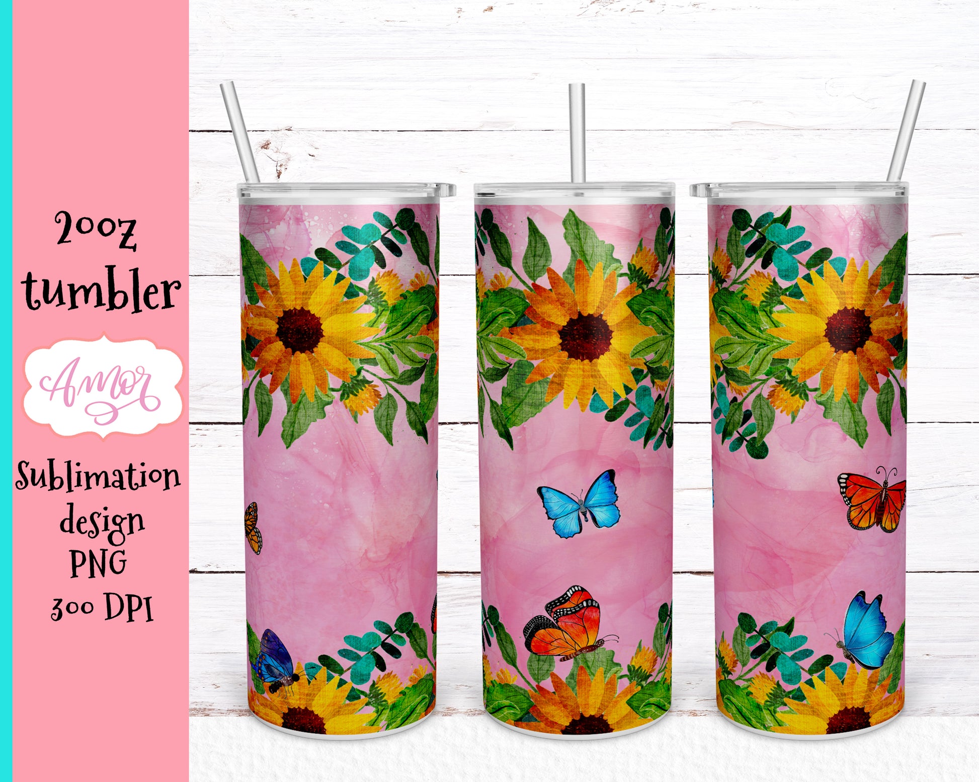 Sunflowers and Butterflies tumbler design for sublimation