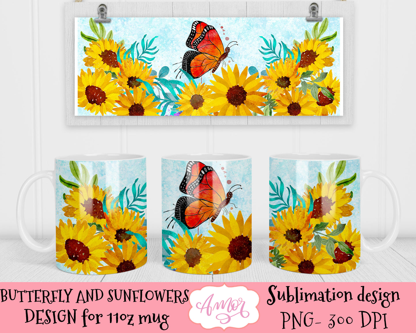Sunflowers and Butterfly mug design for sublimation