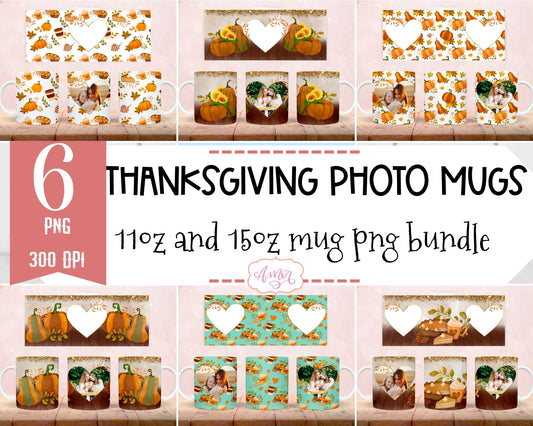 Thanksgiving photo mug wrap for sublimation | 6 fall mug PNG