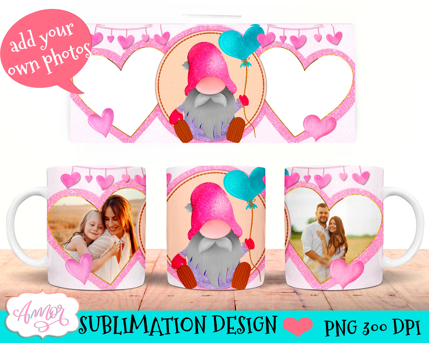 Valentines photo mug Wrap for Sublimation | Cute gnome mug