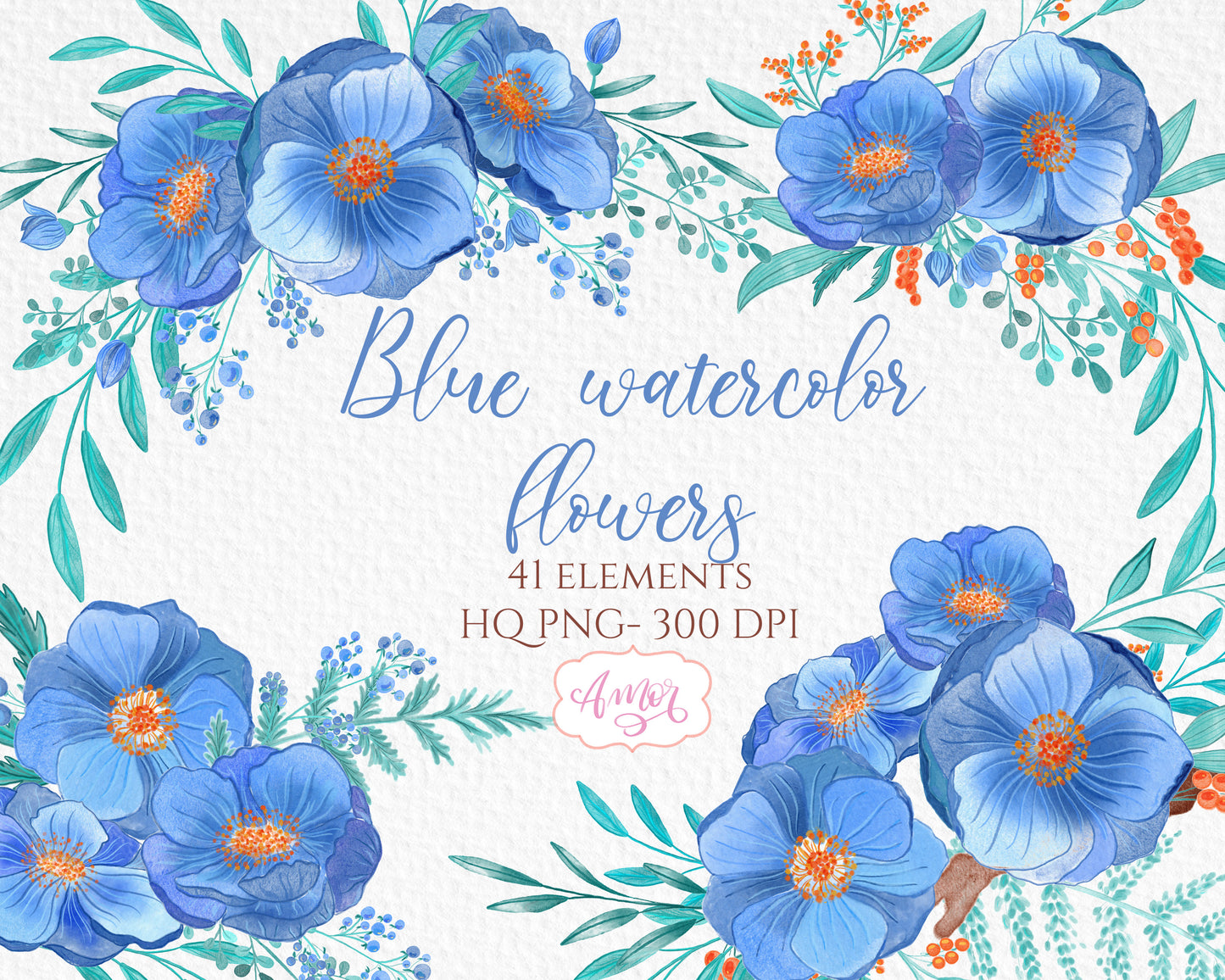Watercolor Blue Floral clipart for invitations