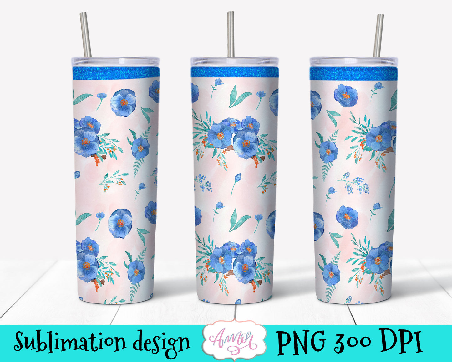 Watercolor Blue Flowers Design for tumbler sublimation