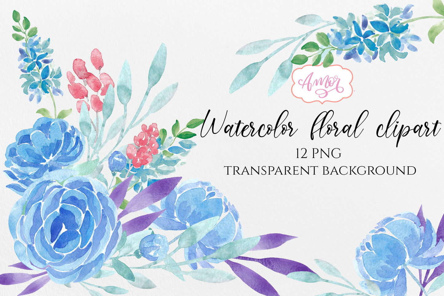 Watercolor Blue Peony Flowers Clipart