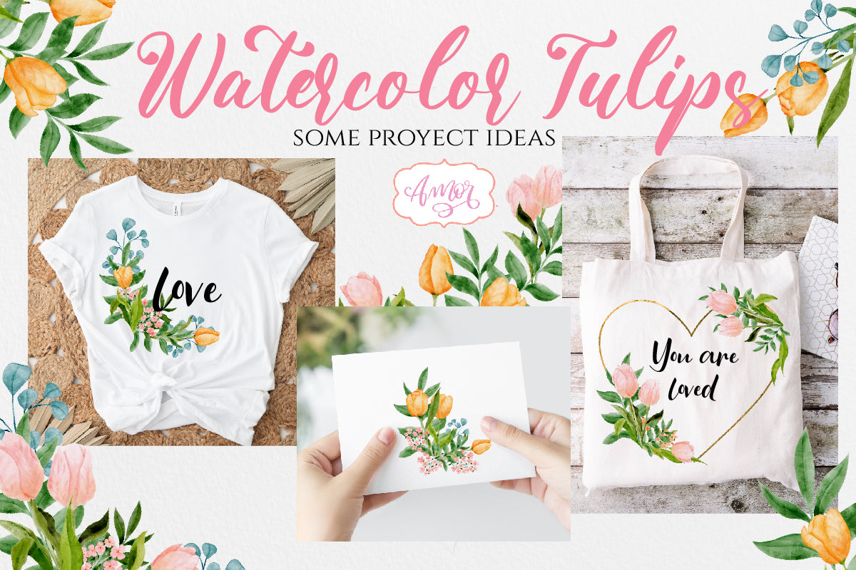 Watercolor Clipart Set with Pink and Orange Tulips PNG