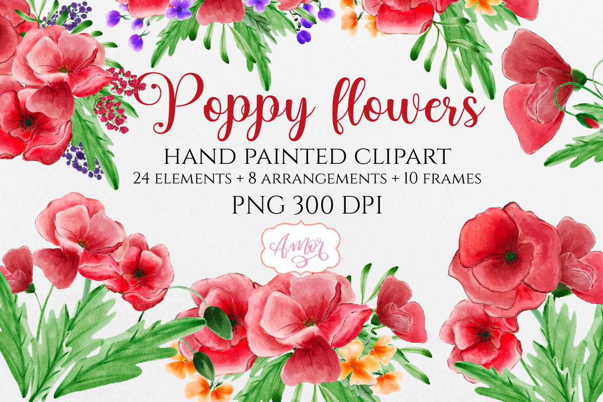 Watercolor Clipart Set with Poppy Flowers and Wildflowers