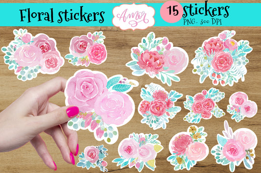 Watercolor Floral Printable scrapbook stickers