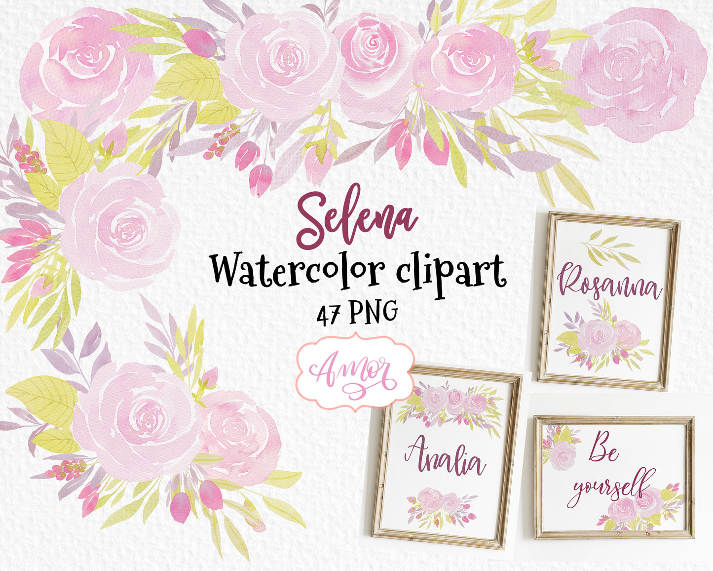 Watercolor Pink Roses Clipart for wedding invitations