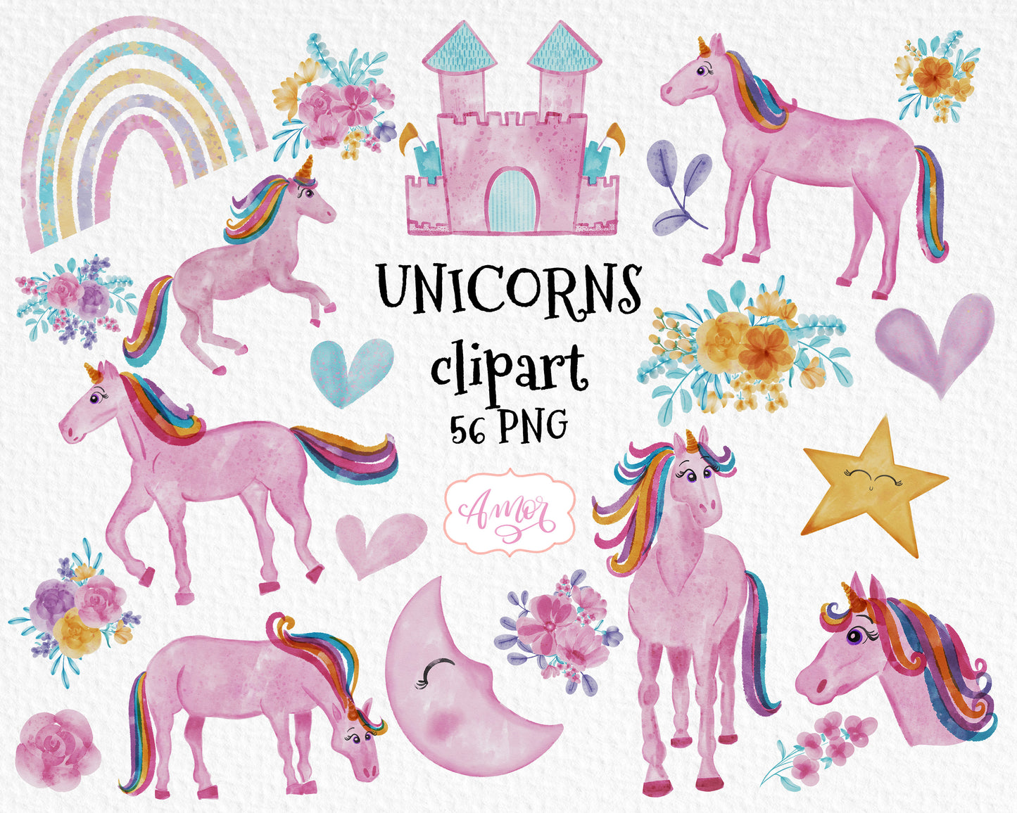 Watercolor Pink Unicorns Clipart