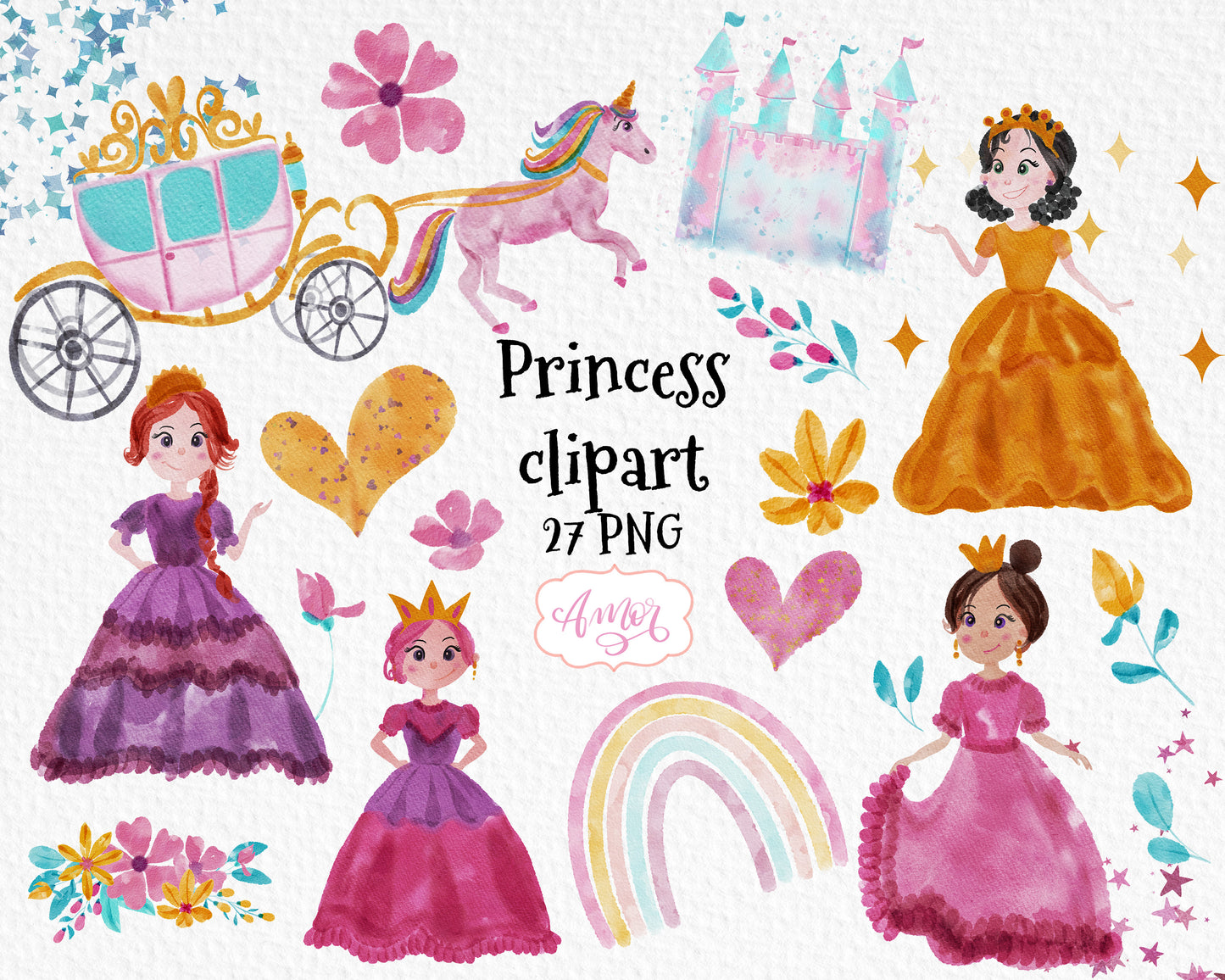 Watercolor Princess Clipart for invitations