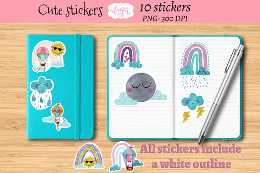 Watercolor Printable Cute Weather Stickers for print then cut