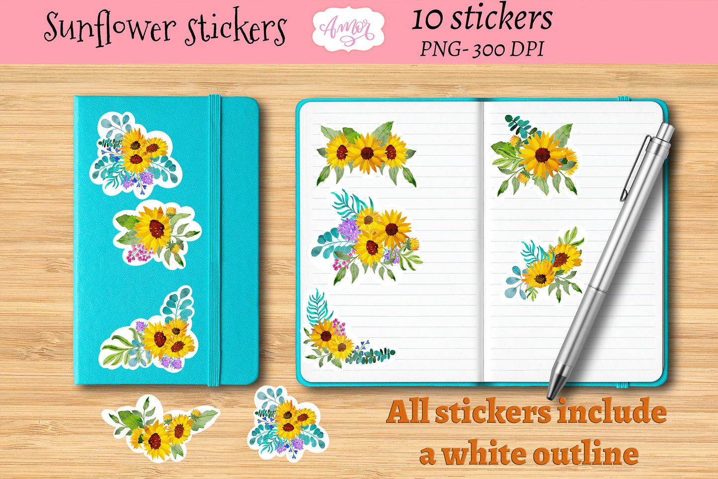 Watercolor Sunflower Stickers for print then cut