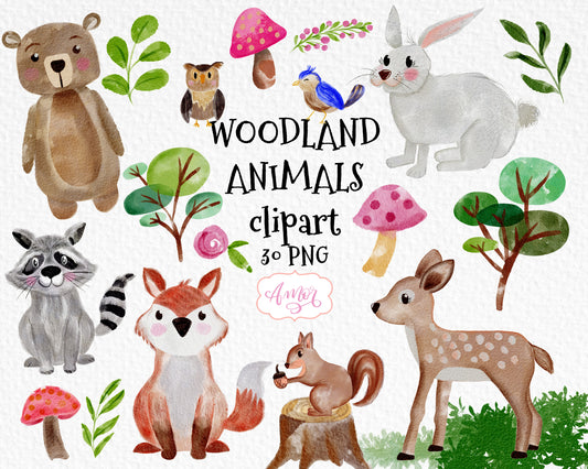 Watercolor Woodland Animals Clipart