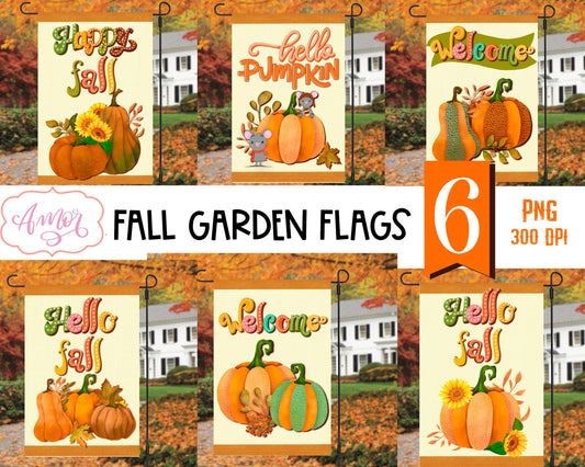 Welcome Fall garden flag sublimation BUNDLE, 6 Fall PNG
