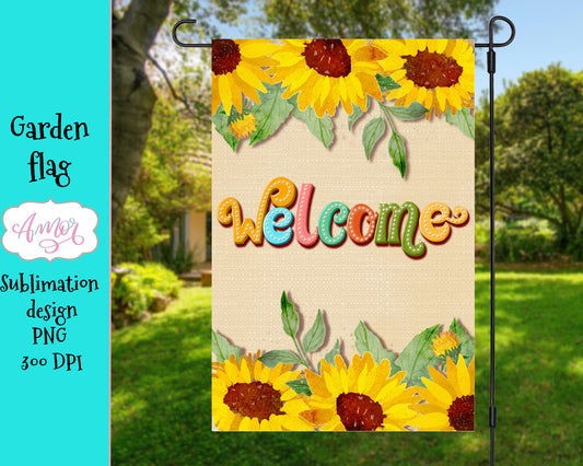 Welcome Garden Flag Sublimation Design PNG with sunflowers