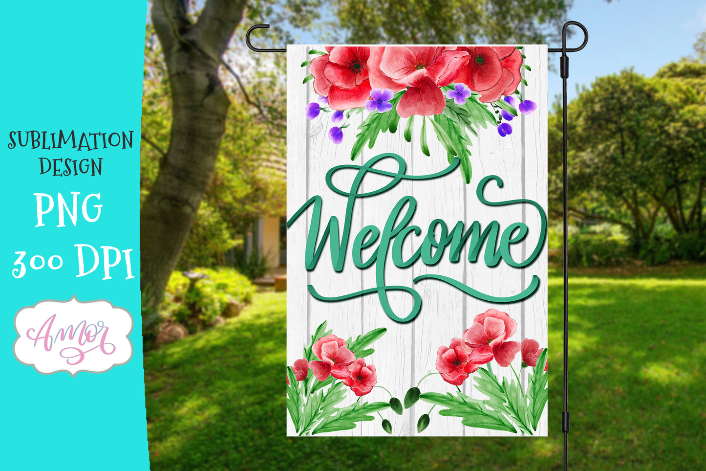 Welcome Garden Flag Sublimation Design with a floral wreath