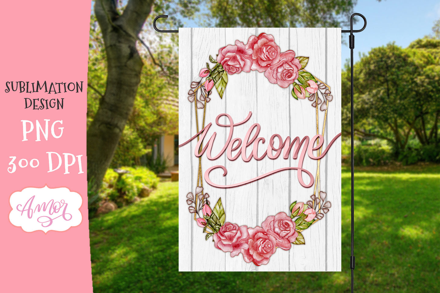 Welcome Garden Flag Sublimation Design with a floral wreath