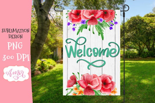 Welcome Garden Flag Sublimation Design with poppy flowers
