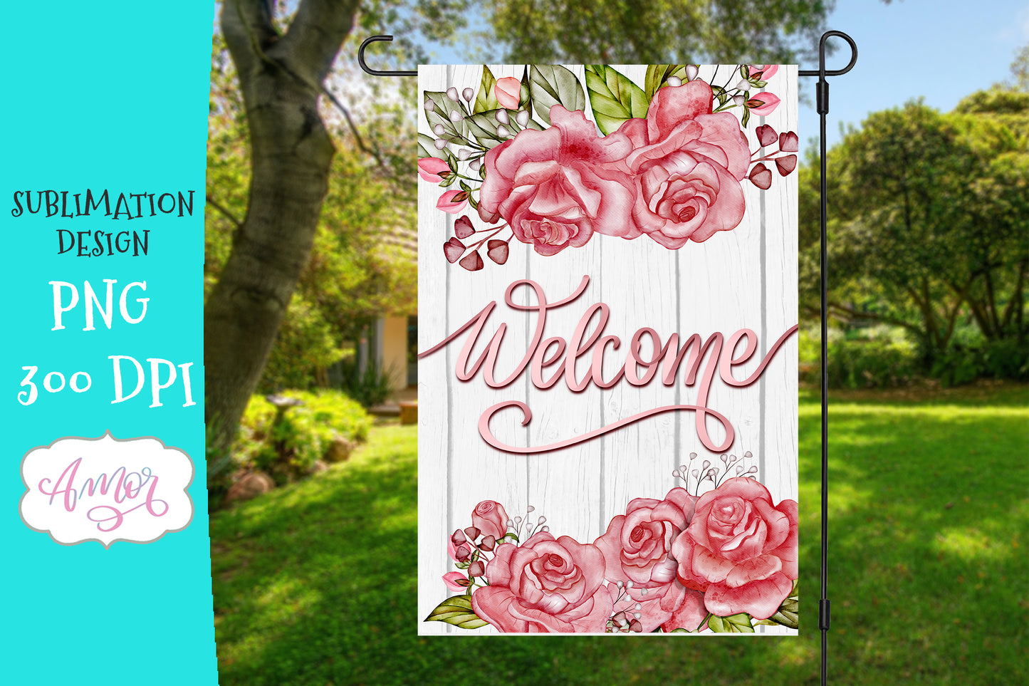 Welcome Garden Flag Sublimation Design with rose flowers