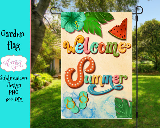 Welcome Summer Garden Flag Sublimation Design PNG