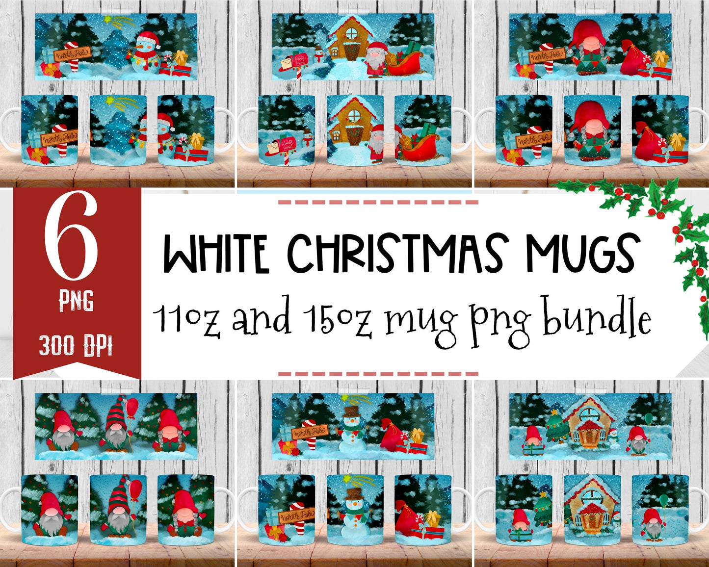 White Christmas mug wraps for sublimation BUNDLE