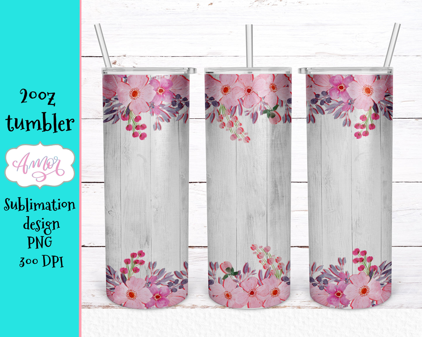 White Wood and Pink Flowers tumbler design for sublimation